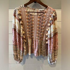 American Eagle Women’s Boho Tassel Peasant Blouse - Cream/Rose- size Medium